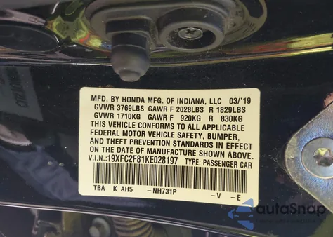 2019 Honda Civic Sport from USA, damaged, VIN 19XFC2F81KE028197
